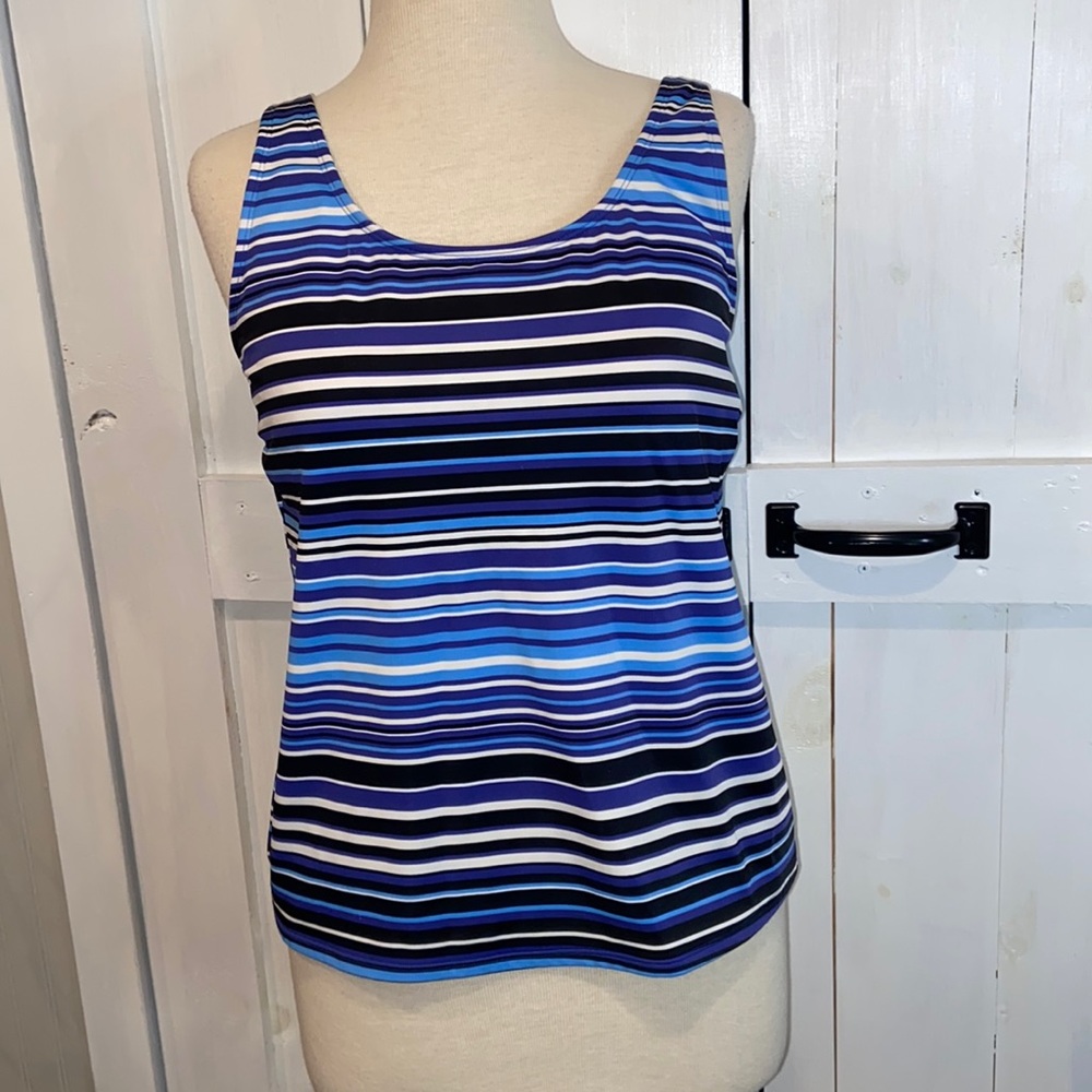 L.L.Bean Black and Blue Striped Padded Tankini Top